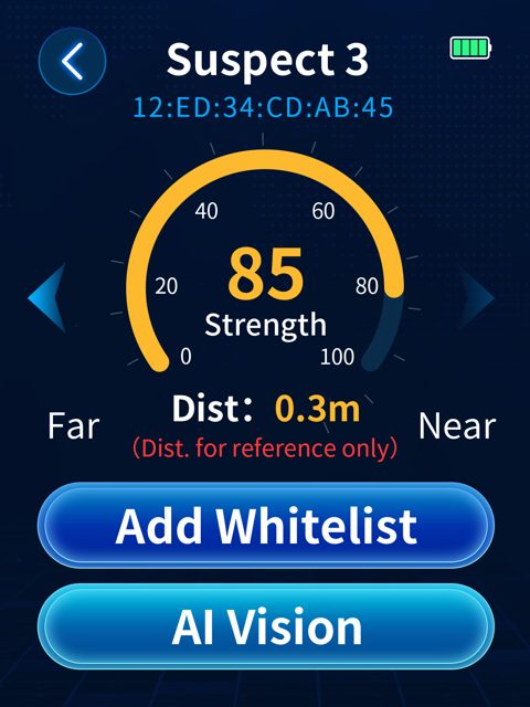 Suspect screen with an orange gauge at 85