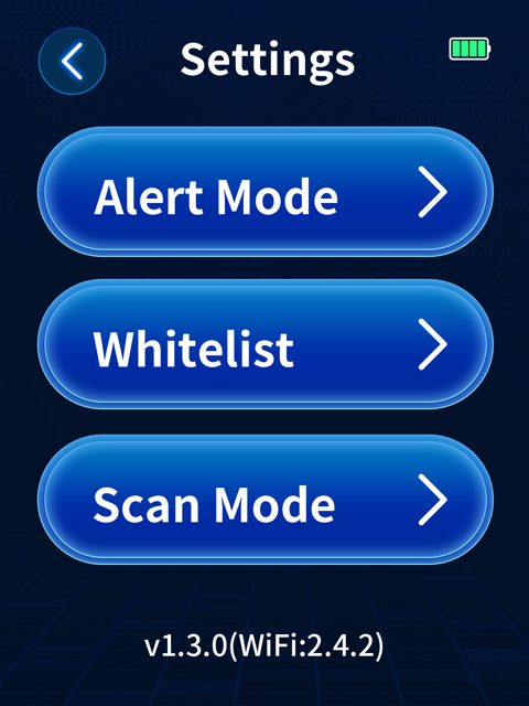 Settings screen: Alert Mode, Whitelist, Scan Mode, firmware version