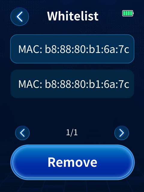 Whitelist screen with a MAC address entry and a Remove button
